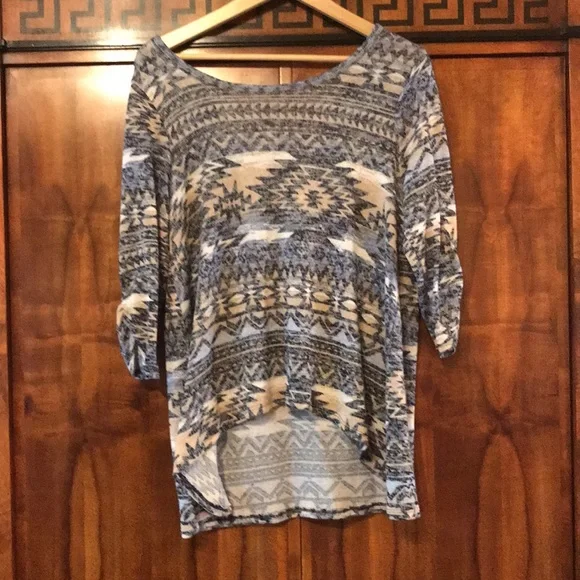 Signature Studio Woman 1X Aztec Crochet Fringe Top 3/4 Sleeve Geometric Boho - Picture 15 of 15